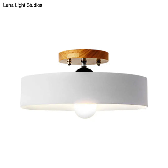 Modern Semi-Mount Drum Light: 1-Light 12 W Metal Fixture In Gray/White/Red/Pink For Living Room