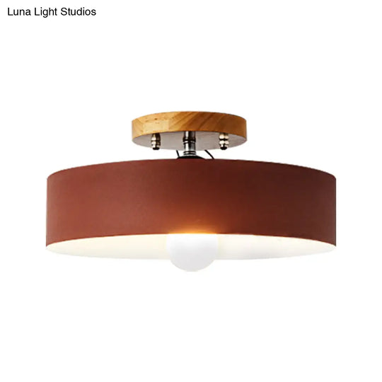 Modern Semi-Mount Drum Light: 1-Light 12’ W Metal Fixture In Gray/White/Red/Pink For Living Room