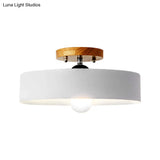 Modern Semi-Mount Drum Light: 1-Light 12’ W Metal Fixture In Gray/White/Red/Pink For Living Room