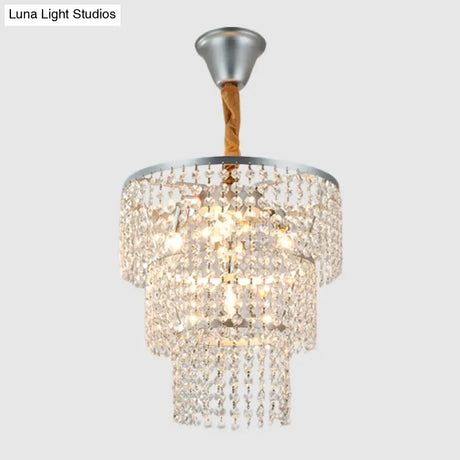 Modern Silver Chandelier With 3-Tier Crystal Strand Shade - Bedroom Suspension Light 4 Lights