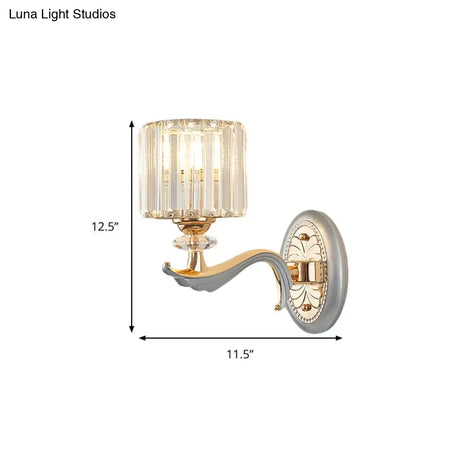 Modern Silver Cylinder Sconce With Clear Crystal Shade - Flush Mount Wall Light