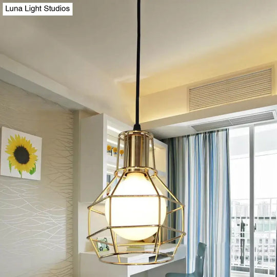 Global Metal Cage Ceiling Lamp For Coffee Shops - Stylish 1 Light Fixture With Silver/Gold Finish