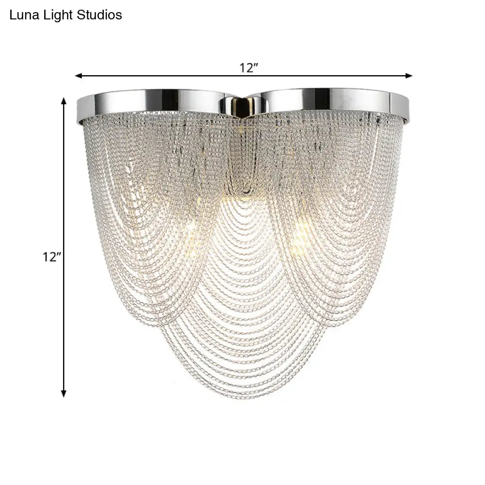 Modern Silver Tassel Wall Light With Rippling Chain Design - 2-Bulb Aluminum Sconce For Sitting Room