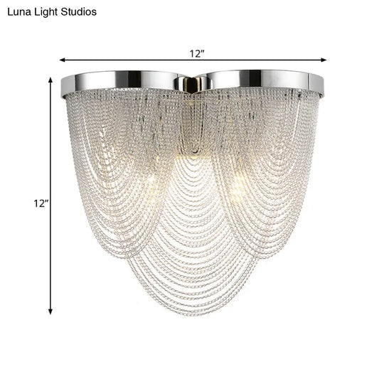 Modern Silver Tassel Wall Light With Rippling Chain Design - 2-Bulb Aluminum Sconce For Sitting Room