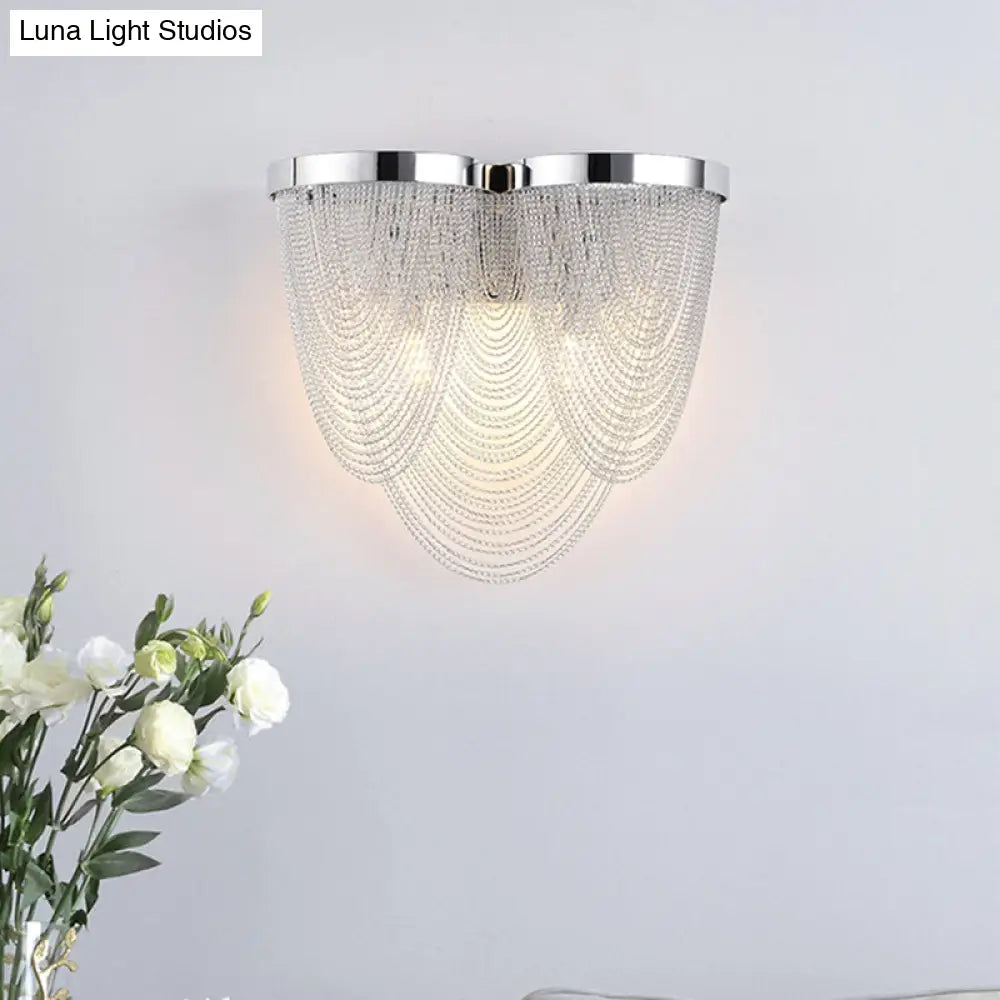 Modern Silver Tassel Wall Light With Rippling Chain Design - 2-Bulb Aluminum Sconce For Sitting Room