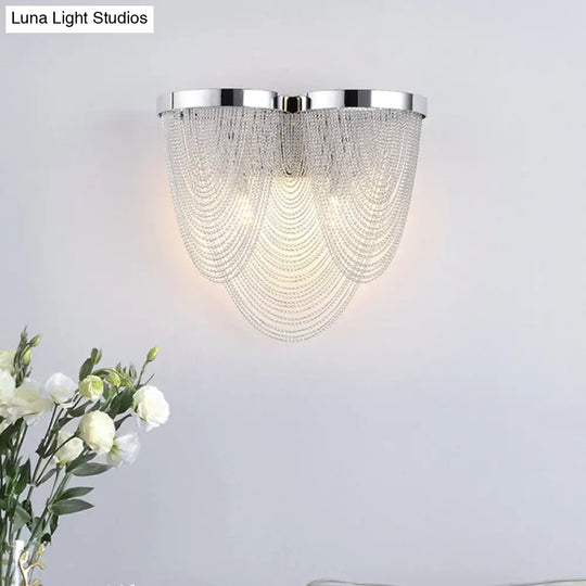 Modern Silver Tassel Wall Light With Rippling Chain Design - 2-Bulb Aluminum Sconce For Sitting Room