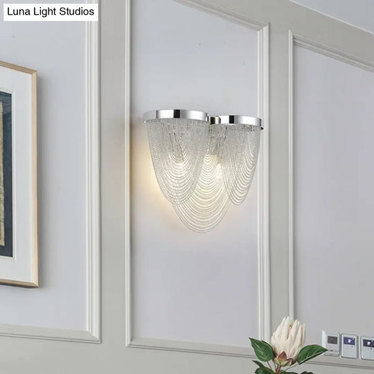 Modern Silver Tassel Wall Light With Rippling Chain Design - 2-Bulb Aluminum Sconce For Sitting Room