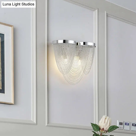 Modern Silver Tassel Wall Light With Rippling Chain Design - 2-Bulb Aluminum Sconce For Sitting Room