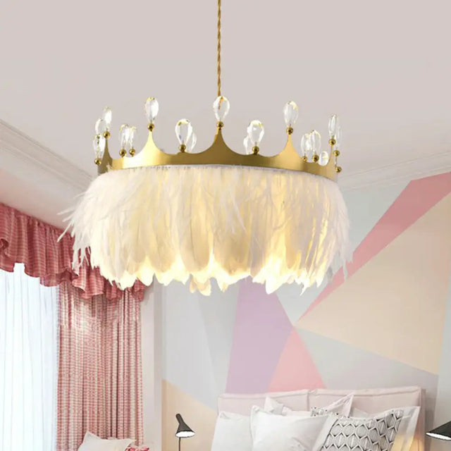 Modern Gold Pendant Light With Crystal And Feather Accents