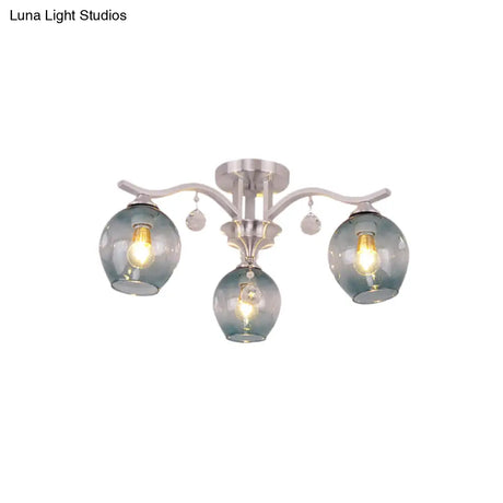 Modern Smoke Glass Bud Semi Ceiling Mount Light For Restaurants & Hotels - 3 - Light Crystal Lamp