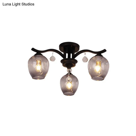 Modern Smoke Glass Bud Semi Ceiling Mount Light For Restaurants & Hotels - 3 - Light Crystal Lamp