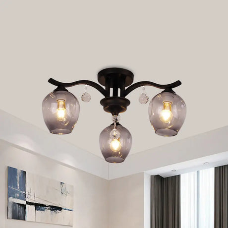 Modern Smoke Glass Bud Semi Ceiling Mount Light For Restaurants & Hotels - 3 - Light Crystal Lamp