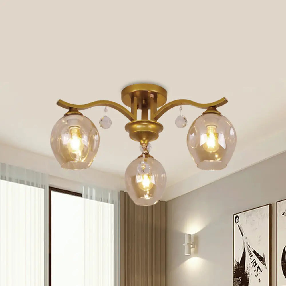 Modern Smoke Glass Bud Semi Ceiling Mount Light For Restaurants & Hotels - 3 - Light Crystal Lamp