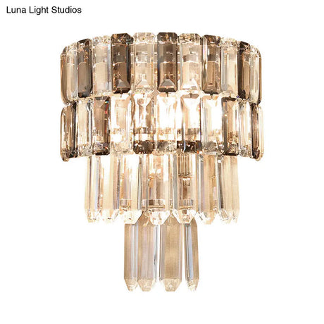 Modern Smoke Gray Crystal Sconce: Layered Design 2-Bulb Wall Mounted Light Fixture For Living Room
