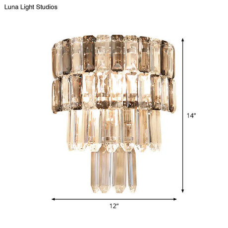 Modern Smoke Gray Crystal Sconce: Layered Design 2-Bulb Wall Mounted Light Fixture For Living Room