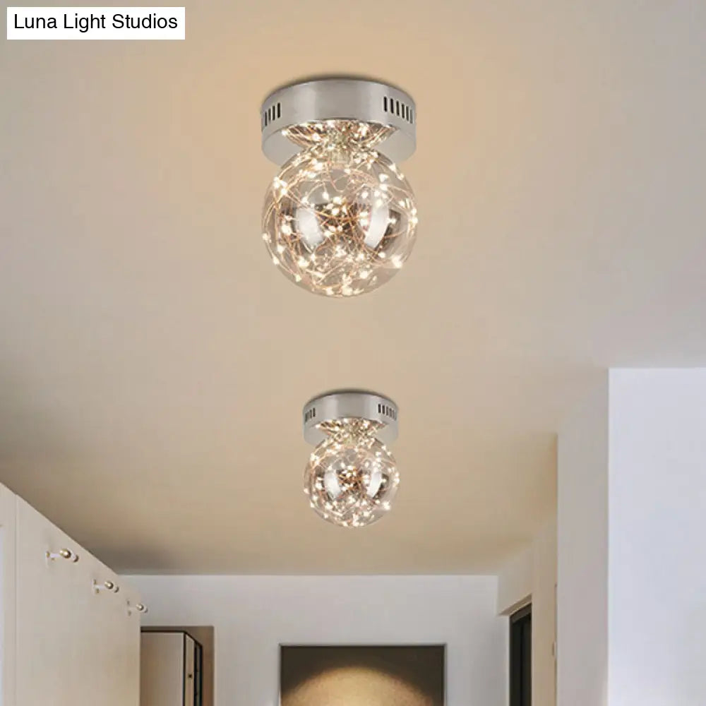 Modern Smoke Grey Glass Led Ceiling Light With Inner Glowing String - Orb Flush Mount Chrome / 6