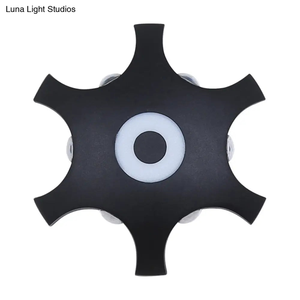 Modern Snowflake Outdoor Led Wall Light- Plastic 6-Bulb Flush Mount Sconce In Black- Warm/White