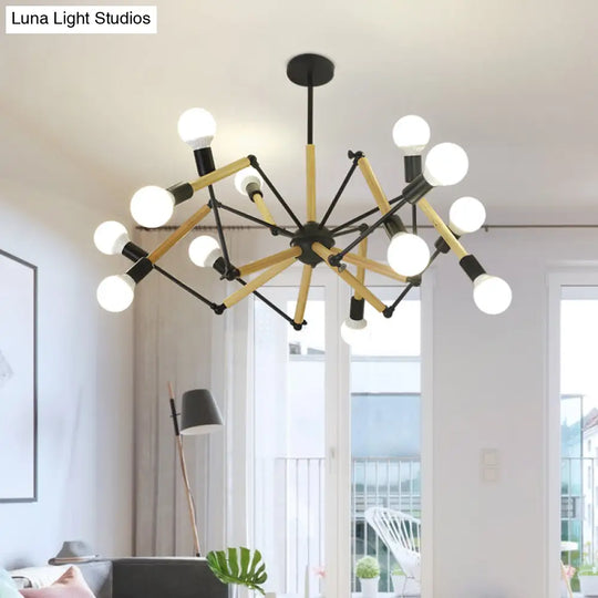 Modern Spider Chandelier With Black And Wood Accents For Loft Style Living Rooms 12 /
