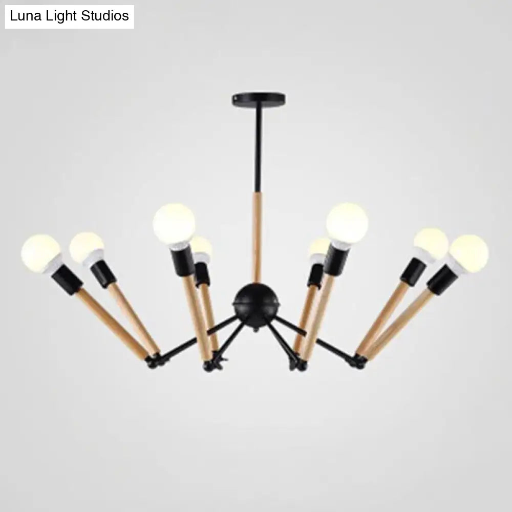 Modern Black Metal Spider Chandelier With Wooden Accents - Loft Style Ceiling Hang Light For Living