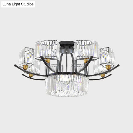 Modern Sputnik Crystal Block Flush Light Fixture - 9/12 Head Semi Mount In Black