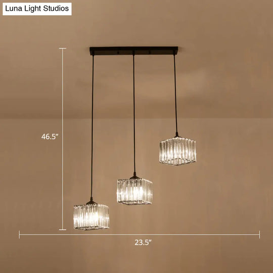Modern Square Crystal Pendant Light With 3-Bulb Simplicity For Dining Room Ceiling - Black / Linear