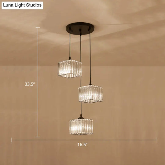 Modern Square Crystal Pendant Light With 3-Bulb Simplicity For Dining Room Ceiling - Black / Round