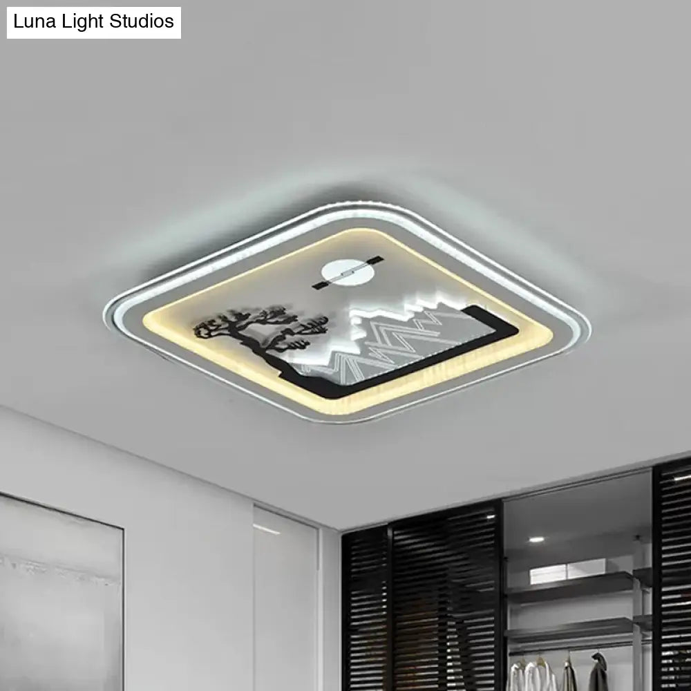 Modern Square Flushmount Led Lamp With Tree Pattern In White - Bedroom Fixture