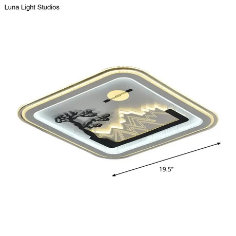 Modern Square Flushmount Led Lamp With Tree Pattern In White - Bedroom Fixture