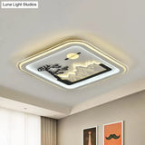 Modern Square Flushmount Led Lamp With Tree Pattern In White - Bedroom Fixture