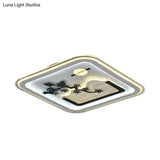 Modern Square Flushmount Led Lamp With Tree Pattern In White - Bedroom Fixture