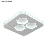 Modern Square Led White Flush Mount Ceiling Light With Acrylic Cover And Hexagon Design