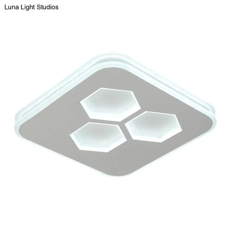 Modern Square Led White Flush Mount Ceiling Light With Acrylic Cover And Hexagon Design