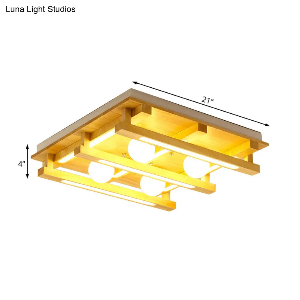 Modern Square Wood Flush Mount Lamp With Led Lights - Brown Ceiling Light Fixture White Glass Ball