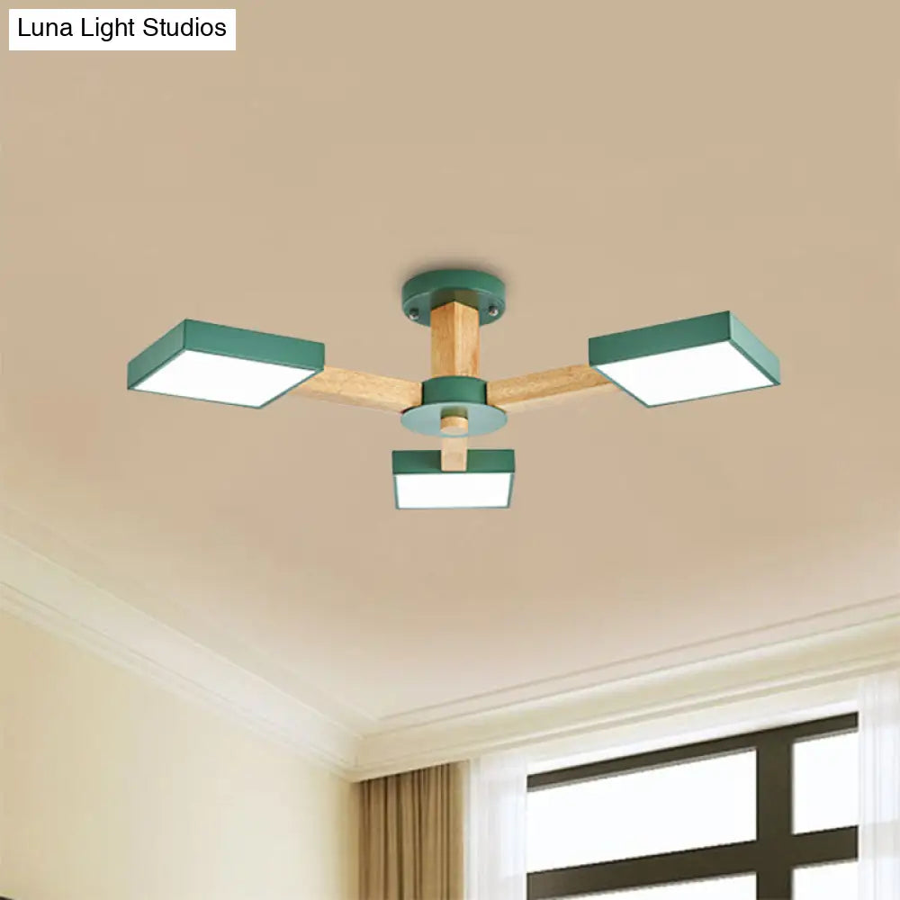 Modern Square Wood Semi Flush Mount Ceiling Lamp With 3 Radial Green Finish Lights