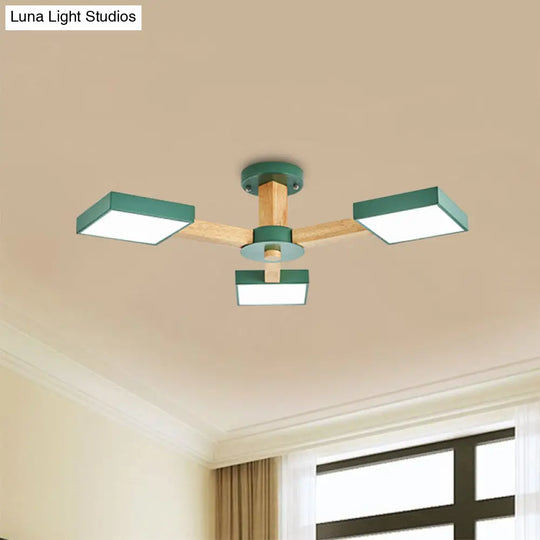 Modern Square Wood Semi Flush Mount Ceiling Lamp With 3 Radial Green Finish Lights