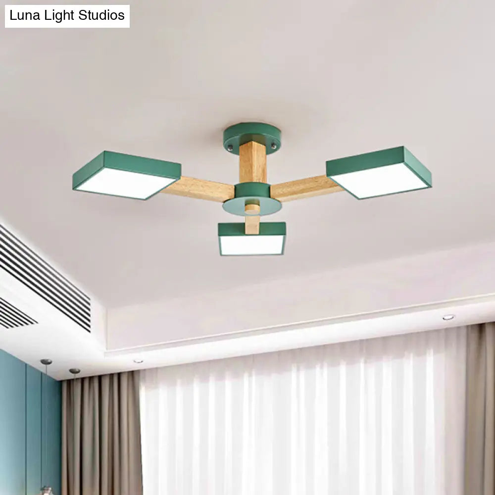 Modern Square Wood Semi Flush Mount Ceiling Lamp With 3 Radial Green Finish Lights