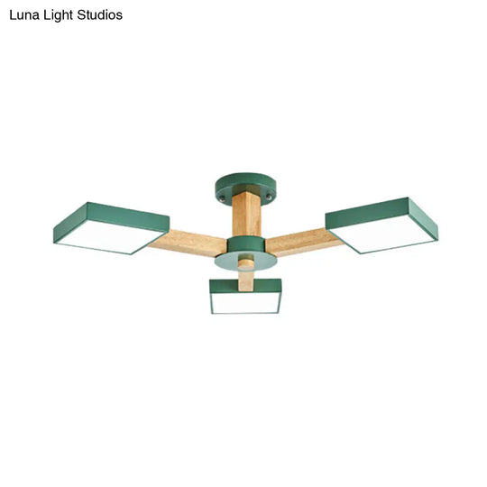 Modern Square Wood Semi Flush Mount Ceiling Lamp With 3 Radial Green Finish Lights