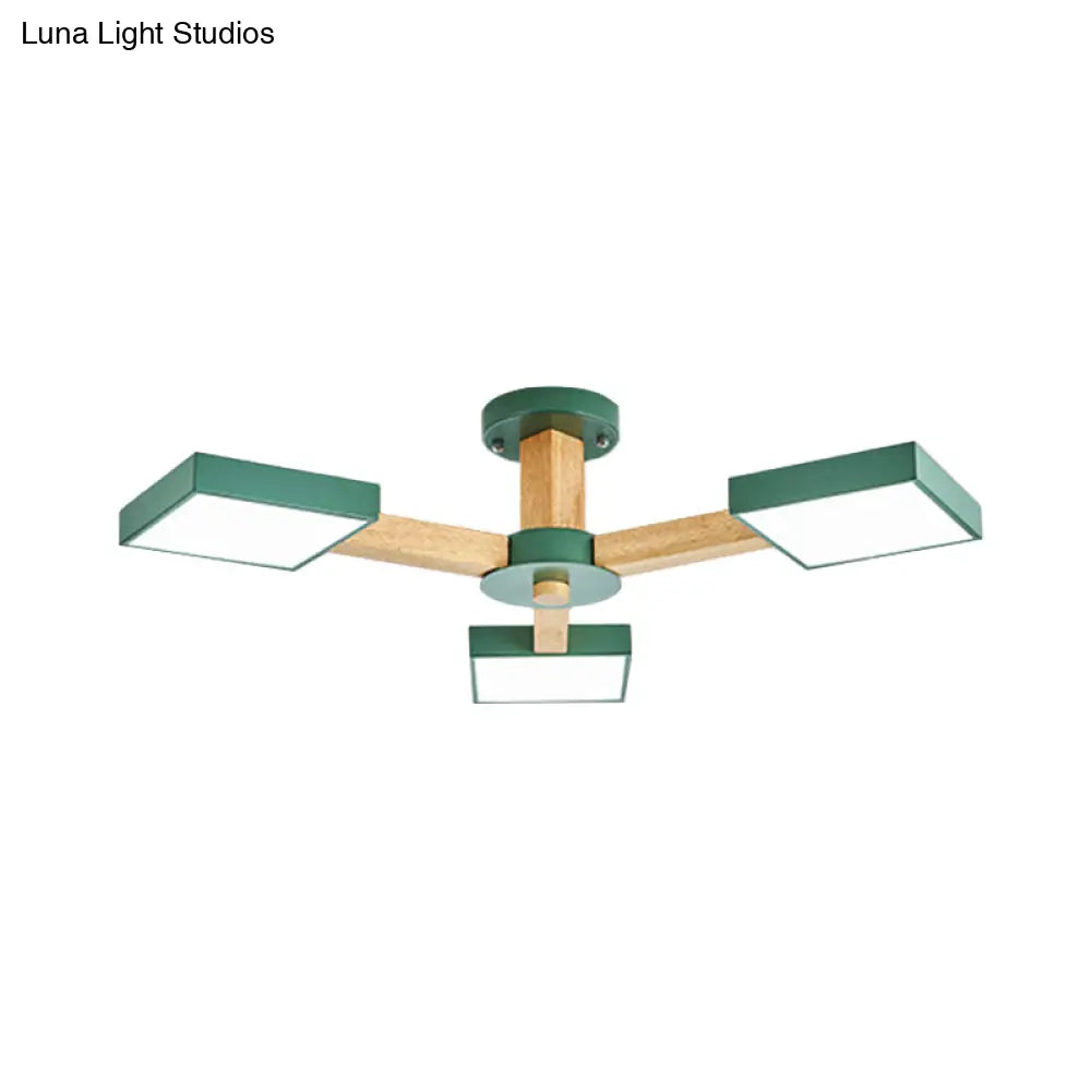 Modern Square Wood Semi Flush Mount Ceiling Lamp With 3 Radial Green Finish Lights