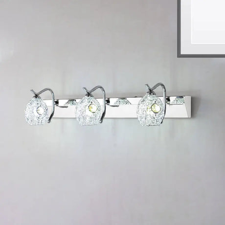 Modern Stainless Steel Domed Wall Light With 3 Heads Silver Vanity Lamp And Clear Crystal Accent
