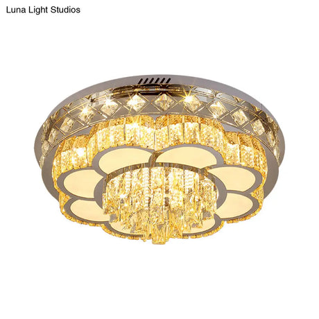 Modern Stainless Steel Led Flushmount Ceiling Light With Cut Crystal Floral Design