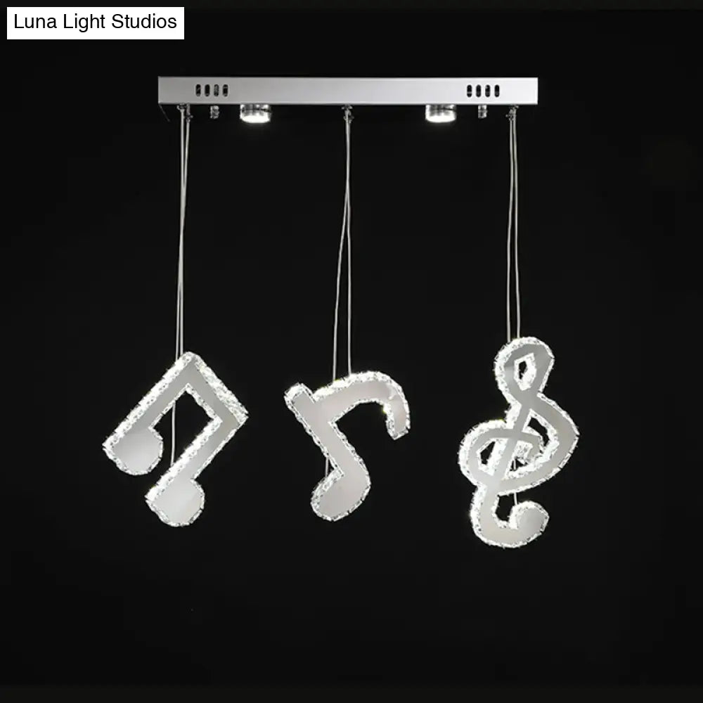 Modern Stainless Steel Led Pendant Light With Clear Crystals And Musical Note Suspension
