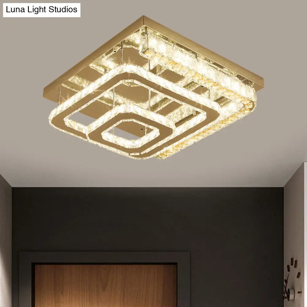 Modern Stainless-Steel Square Ceiling Light With Led Clear Cut Crystal Blocks - Semi-Flush Mount For