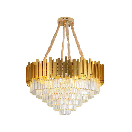 Modern Brass Hanging Light Fixture: Layered Multi-Light Chandelier With Crystal Block