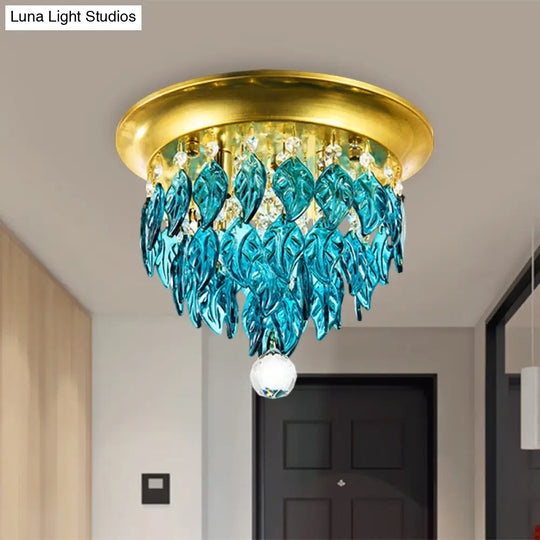 Modern Style Clear And Blue Crystal Flush Mount Lamp - Gold Ceiling Light With 4 Bulbs For Sleeping