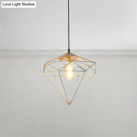 Modern Style Gold Metallic Prism Cage Pendant Light With Adjustable Cord - 1-Light Suspension Lamp