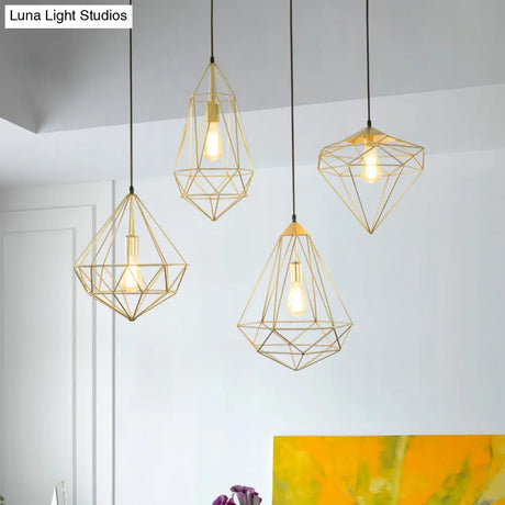 Modern Style Gold Metallic Prism Cage Pendant Light With Adjustable Cord - 1-Light Suspension Lamp