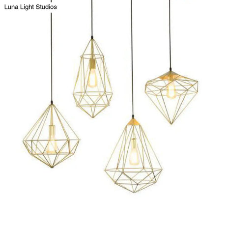 Modern Style Gold Metallic Prism Cage Pendant Light With Adjustable Cord - 1-Light Suspension Lamp