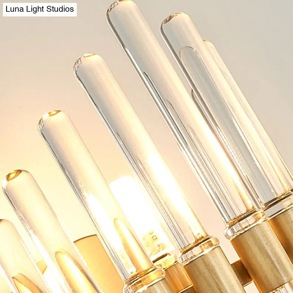 Modern Style Gold Wall Sconce With Clear Crystal Accents - Tubular Design 2 Bulbs Living Room Light