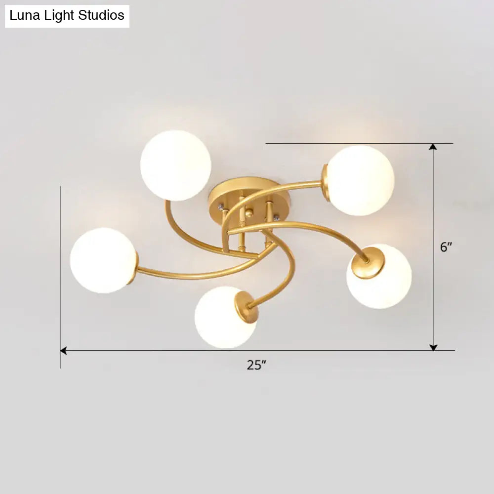 Modern Swirled Metal Semi Flush Ceiling Light With Glass Ball Shade