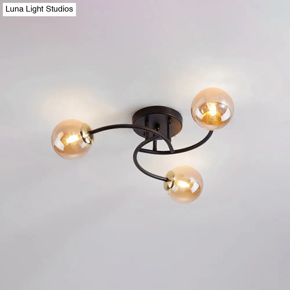 Modern Swirled Metal Semi Flush Ceiling Light With Glass Ball Shade 3 / Black Cognac